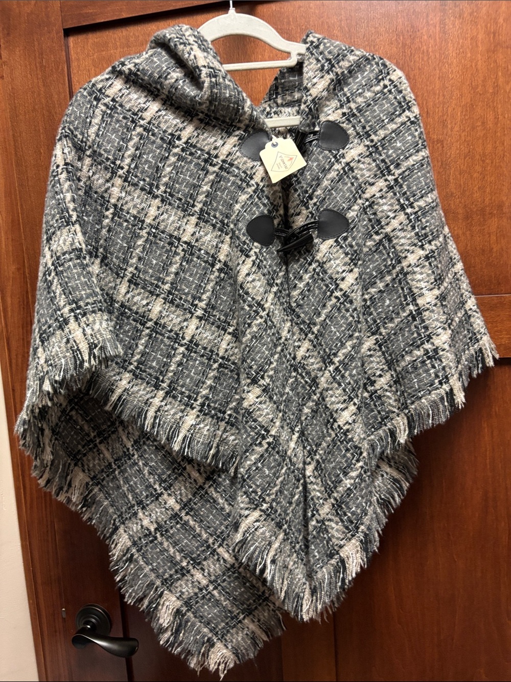 St. John's Bay Gray and Cream Plaid Knit Hooded Poncho